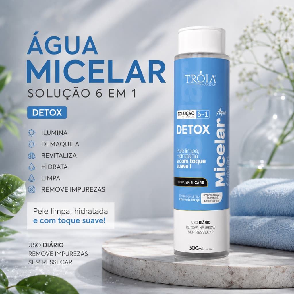 Água Micelar Detox 6 Em 1 Demaquilante 300ml - Tróia Make Up