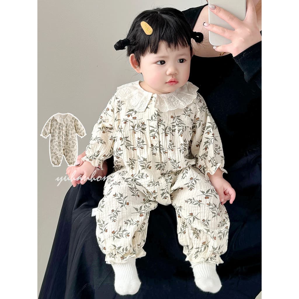 Feminino bebê macacão primavera outono puro algodão classe uma gaze estilo coreano macacão bebê de manga comprida roupas