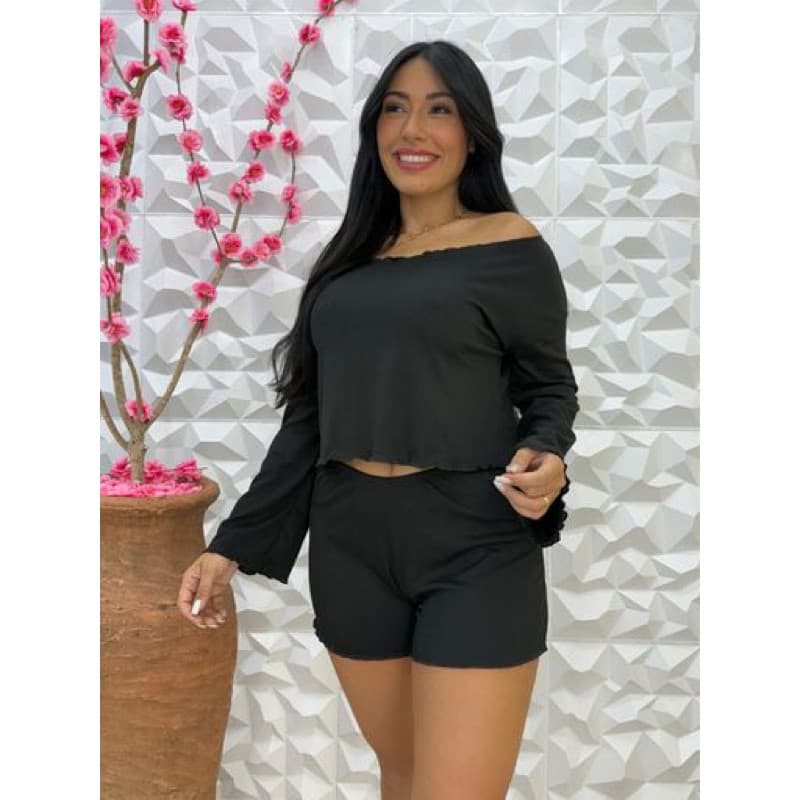 Pijama canelado cropped manga longa gola morcego