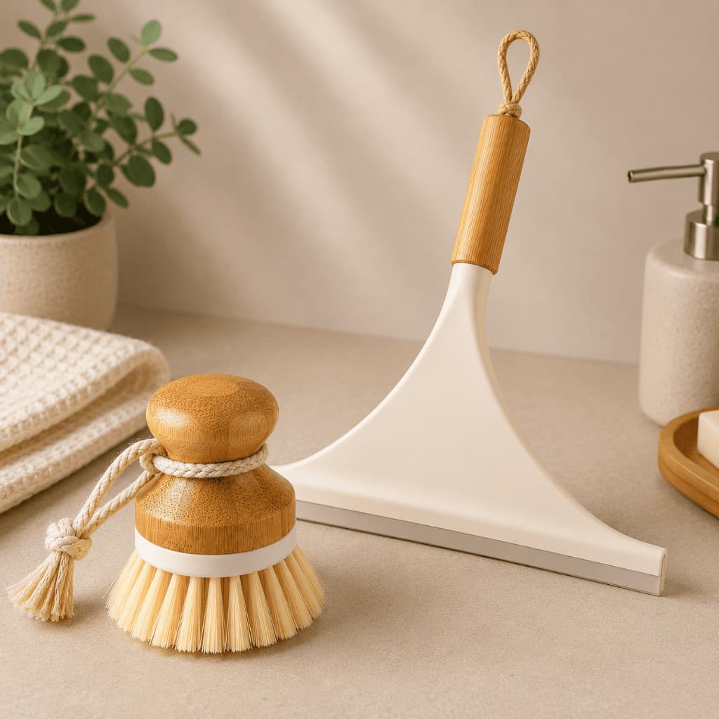 Kit Rodinho de Pia + Escova de Limpeza Cabo Bambu Ecologico Cerdas Naturais Rodo Cozinha Louca Multiuso