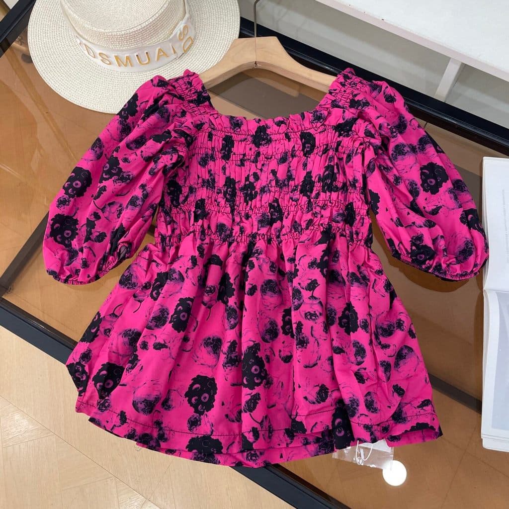 [Lin] Camisa Floral gola redonda cintura estreita mangas bufantes aparência mais fina novo estilo nicho Casual Top femin