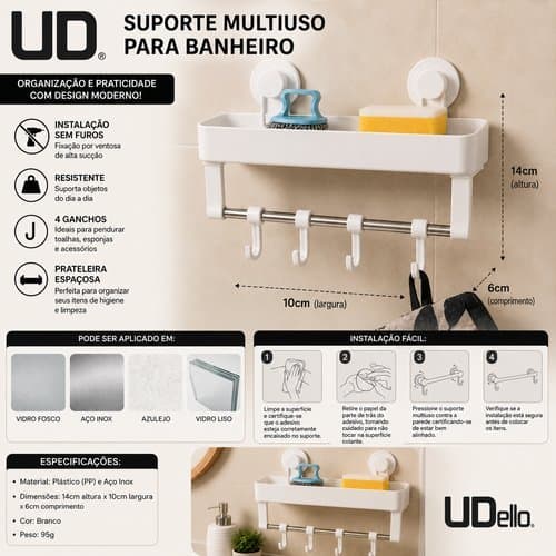 Organizador Multiuso Prateleira Suspensa Modular Com Ganchos Cozinha Quarto Banheiro