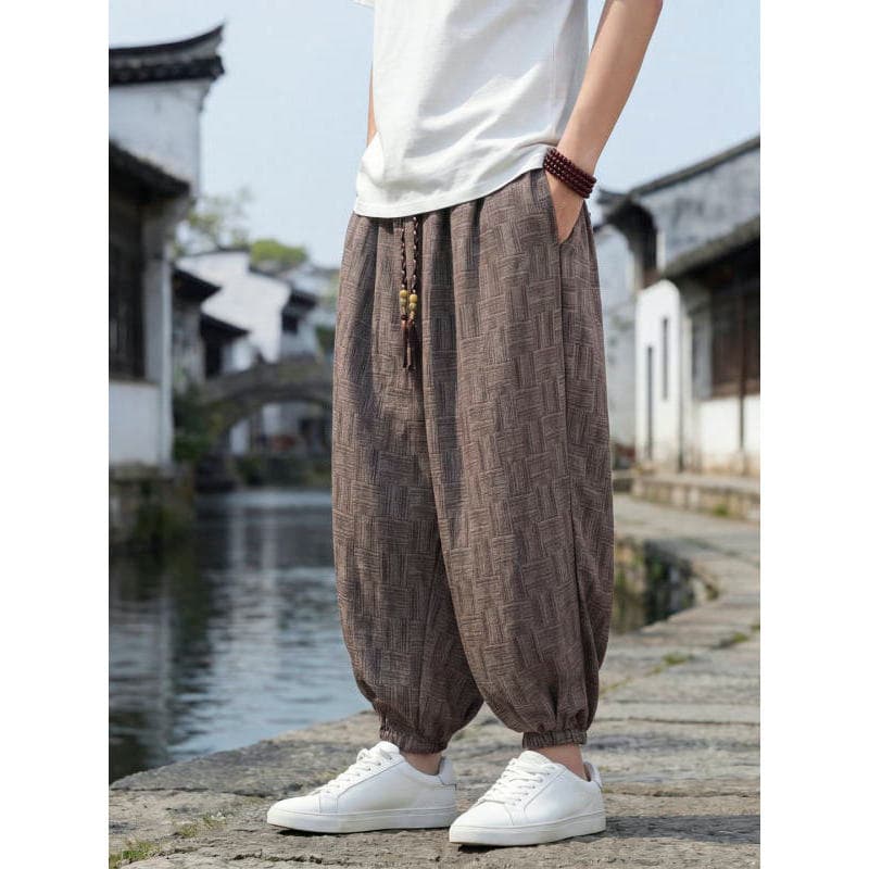 2026 verão Bloomers masculino estilo chinês seda gelo estilo fino calças retas Retro calças de perna larga tamanho grand