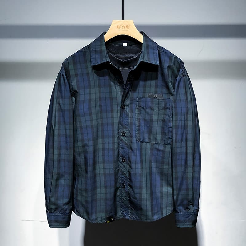 Estilo Hong Kong na moda contraste cor xadrez camisa de manga comprida masculina primavera verão estilo High-End luz est