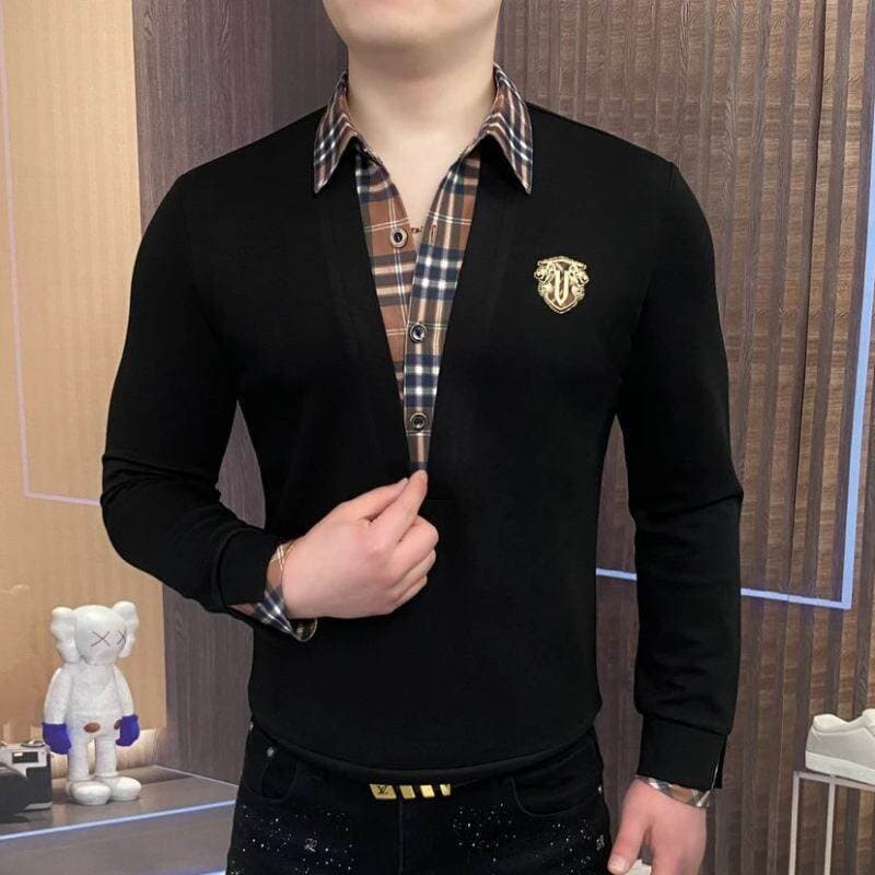 Bens europeus falso moletom de duas peças masculino primavera outono luz luxo moda costura lapela camisa falsa topo Puff