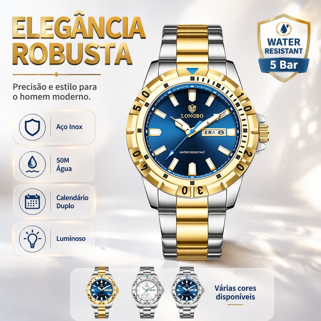 Relógio Masculino Aço Inoxidável Quartzo 50M Resistente Água Luz Noturna Calendário Dia Data Cronômetro Esporte Casual