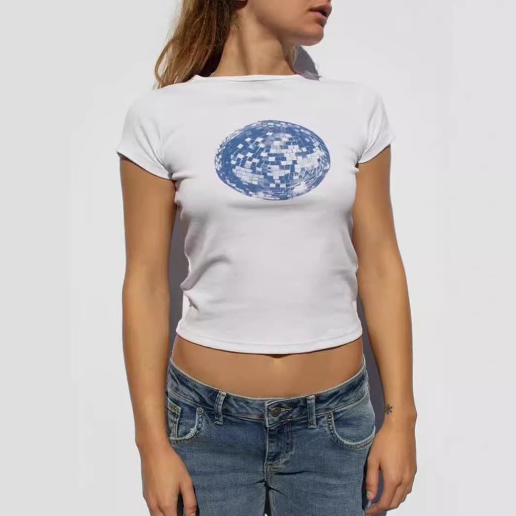 Nova Camiseta Estampada de Verão, Pulôver Curto de Manga Curta com Decote Redondo e Corte Justo