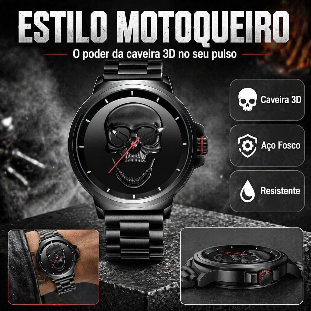 Relógio Masculino Caveira 3D Preto Fosco Ponteiro Vermelho Aço Inoxidável Quartzo Resistente à Água 30 Metros Estilo