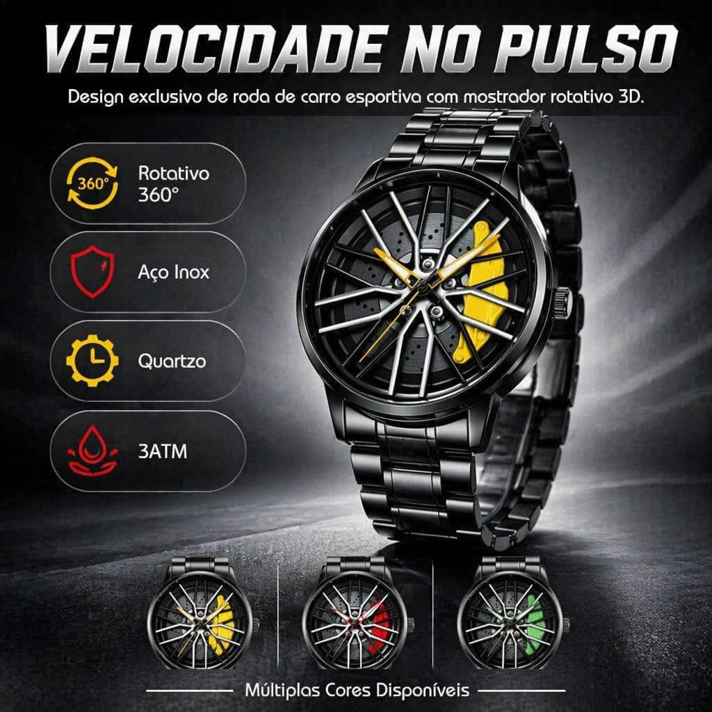 Relógio Masculino Esportivo Automotivo Design Roda de Carro Aço Inoxidável Movimento Quartzo Resistente à Água 30