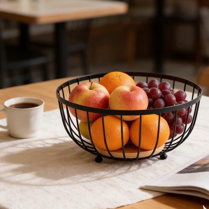 Fruteira Aramada Redonda Preta Base Bambu 28 Cm Cesto Organizador Frutas Decoração Cozinha