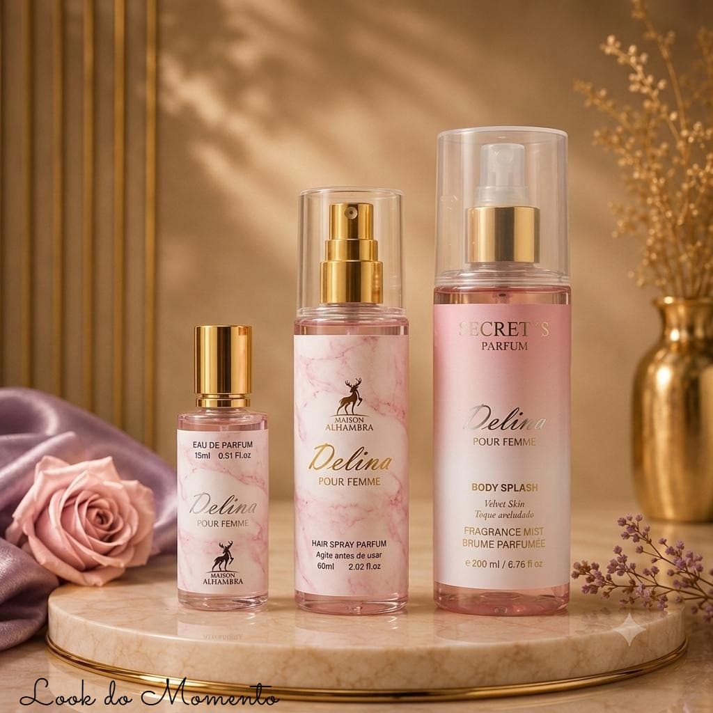 Kit Completo Delina Perfume Árabe Secrets Parfum | Parfum + Body Splash + Perfume Capilar | Diversas Fragrâncias