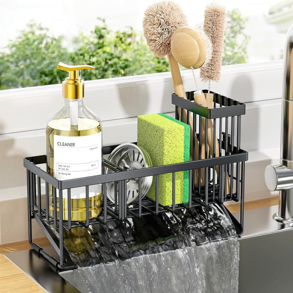 Suporte para esponja Cisily Sink Caddy para cozinha com suporte para escova e bandeja de drenagem automática em aço inox