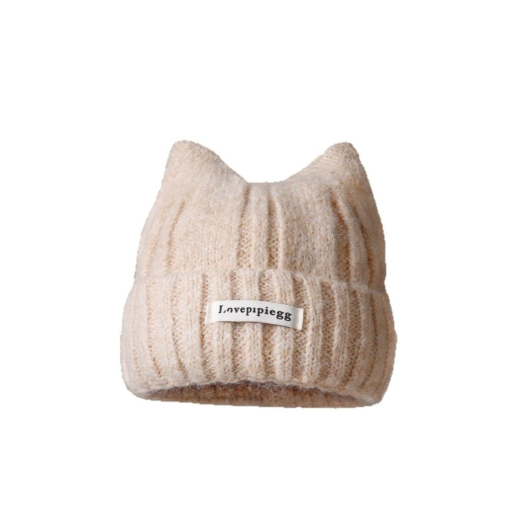 Bonito gorro de malha com orelhas de gato, faz o rosto parecer menor, gorro de lã quente para o outono e inverno, gorro
