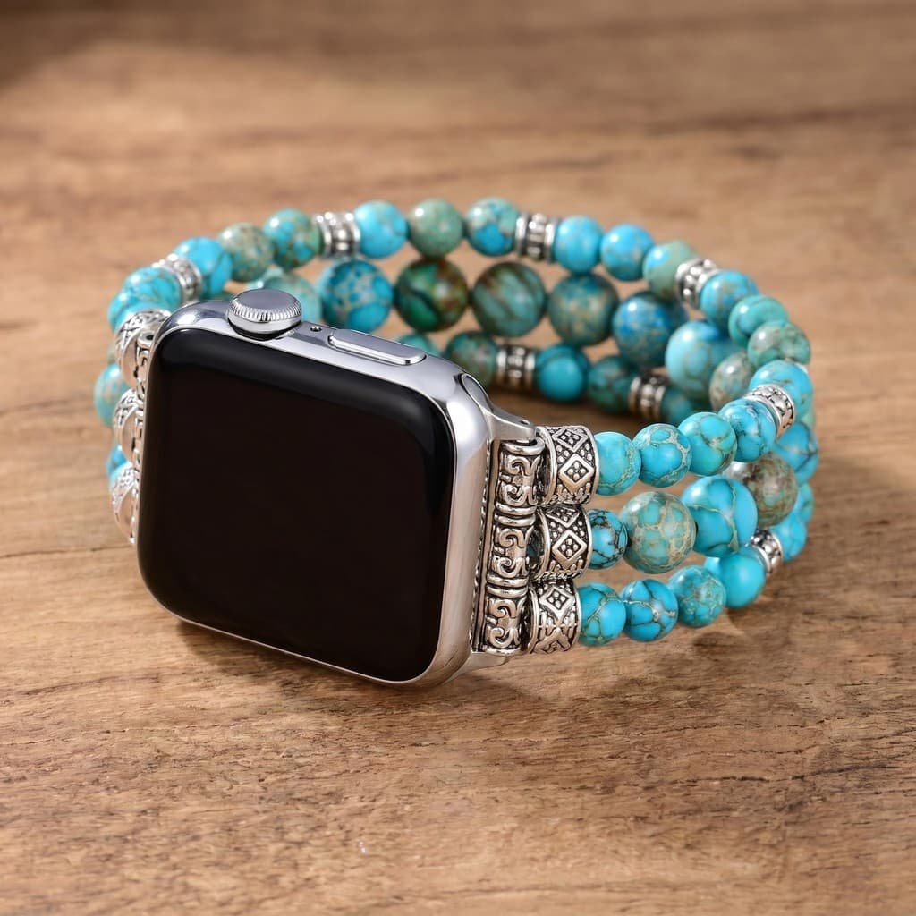 Contas redondas de pedra imperador azul celeste adequadas para apple watch iwatch pulseira apple watch corrente com cont