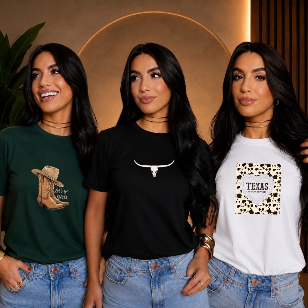 Kit 3 Camiseta Feminina Estampada Texas T-Shirt Premium Country 100% Algodão