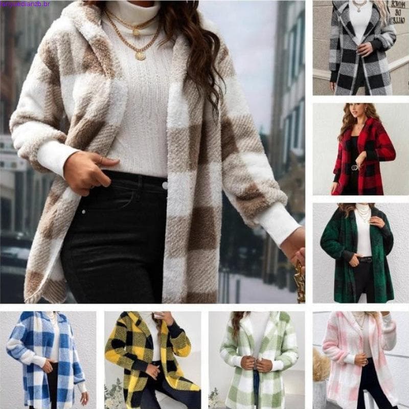 Casaco De Lã Quente De Comprimento Médio Com Capuz Feminino De Inverno