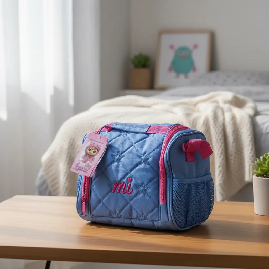 Lancheira Térmica Infantil Lamimi 1 Bolso Azul Com Rosa