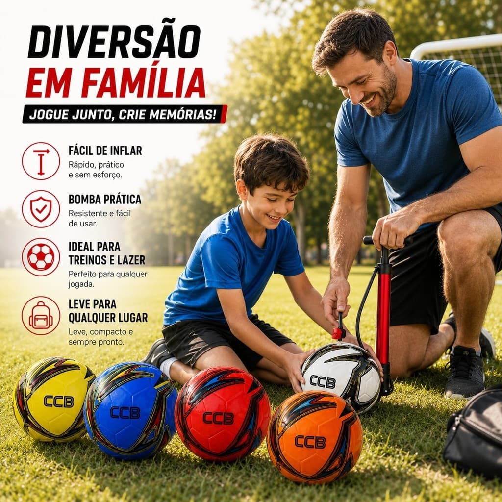 Bola de Futebol CCB com Bomba Manual, Agulha e Bicos, 1 Kit em 5 Cores para Treino, Campo, Quadra e Lazer