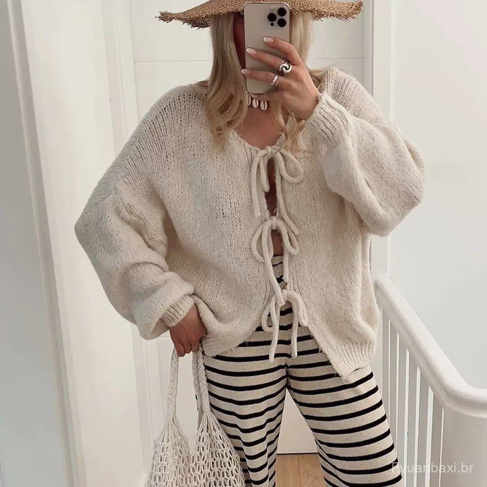 Cross-Border outono inverno novo estilo em torno do pescoço rendas de malha Cardigan europeu americano cor sólida Commut