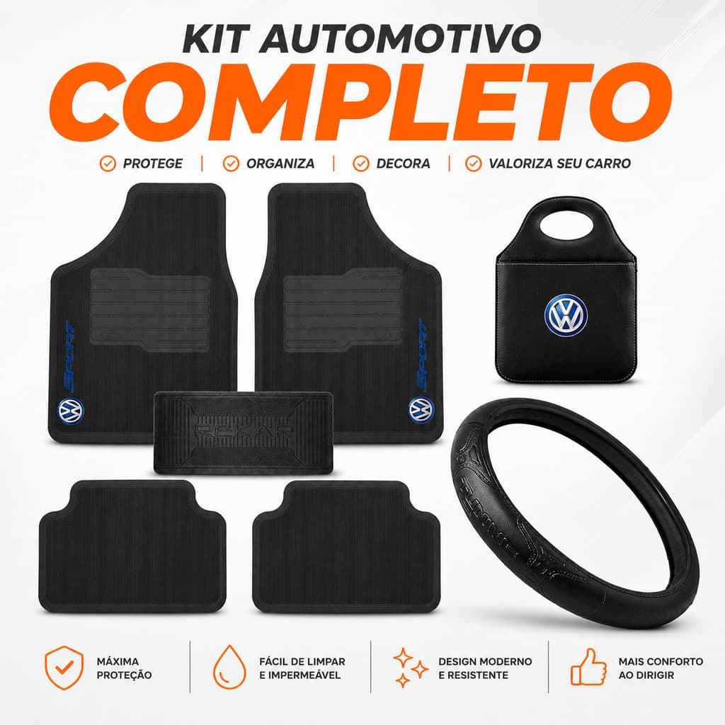 Kit Tapetes Capa de Volante Lixeira Automotiva Borracha Impermeável Universal Kit Completo