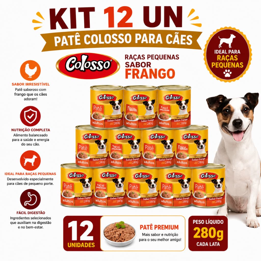 Kit 12 Un - Patê Colosso para Caês Raças Pequenas Sabor Frango 280 G