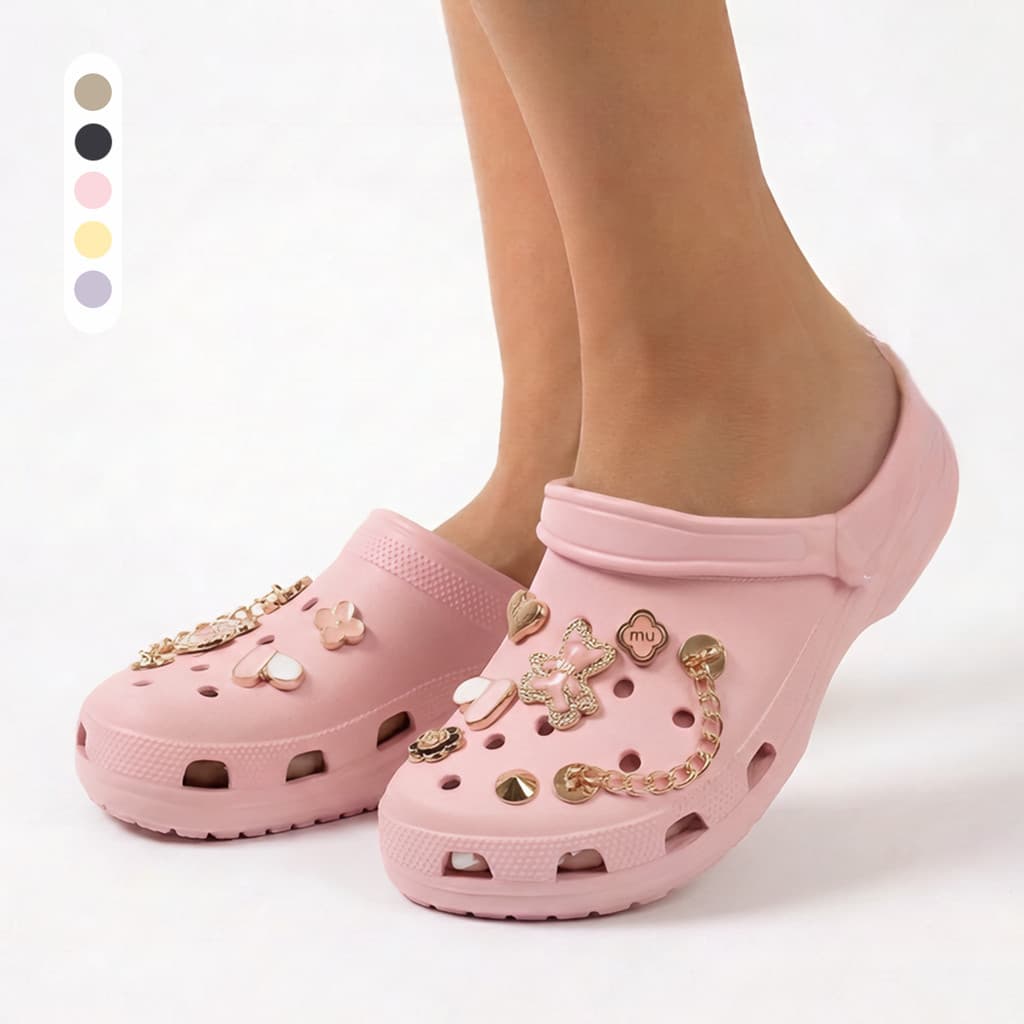 Babuche Feminino Charmoso com Acessórios Boton EVA Confortável Macio Fashion Beach Slide Papete