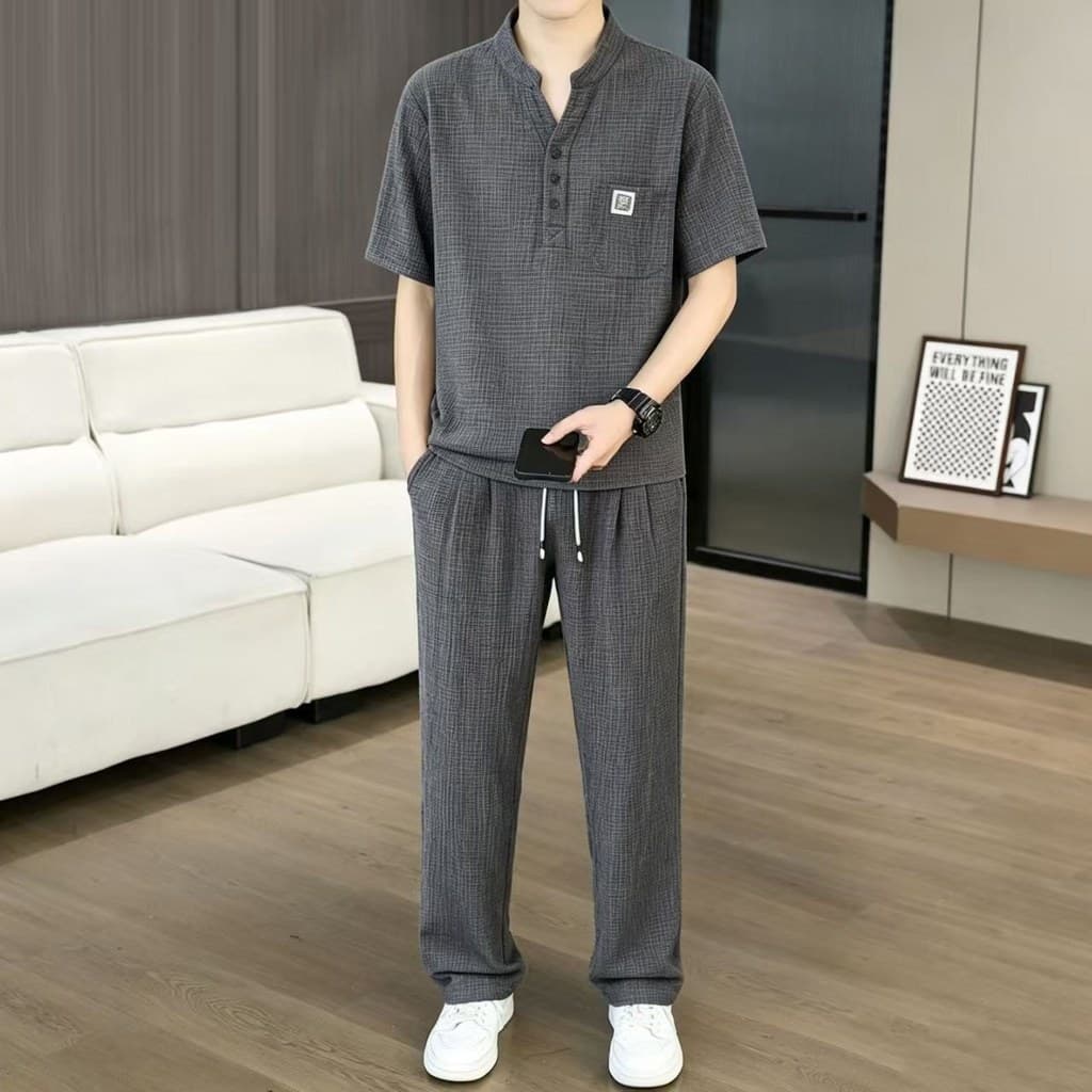 Novo terno Casual chinês masculino com decote em V solto chá terno de seda gelo manga curta estilo fino enrugado elástic