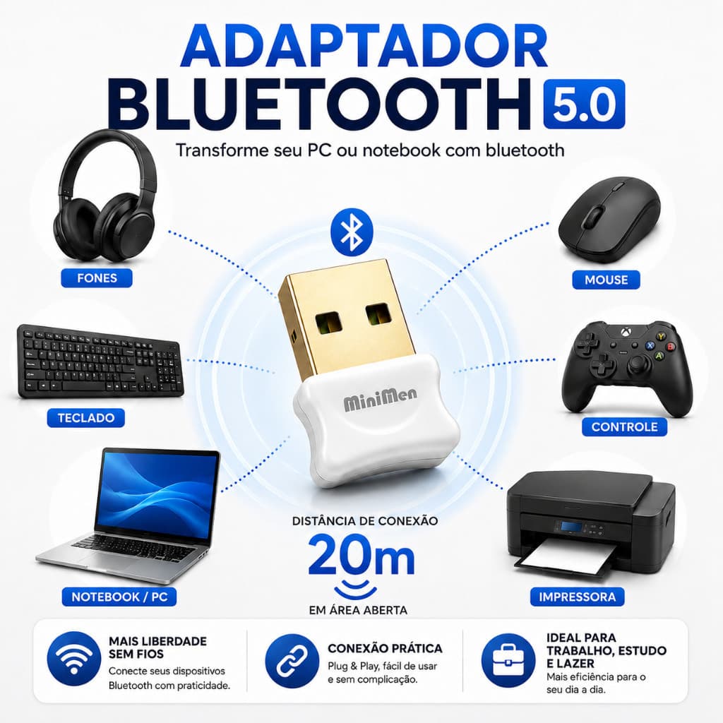 Adaptador p/ Bluetooth 5.0 USB Plug & Play PC Notebook Fone Mouse Teclado