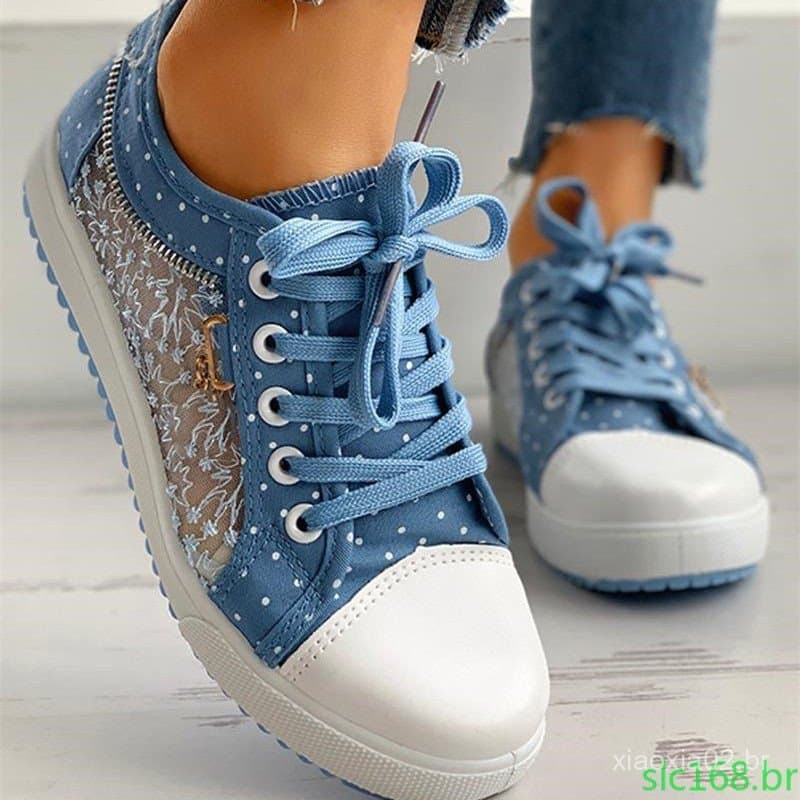 Sapatos Casuais Femininos para o Verão - Novos Tênis Plataforma de Lona Vazada com Renda Respirável 026