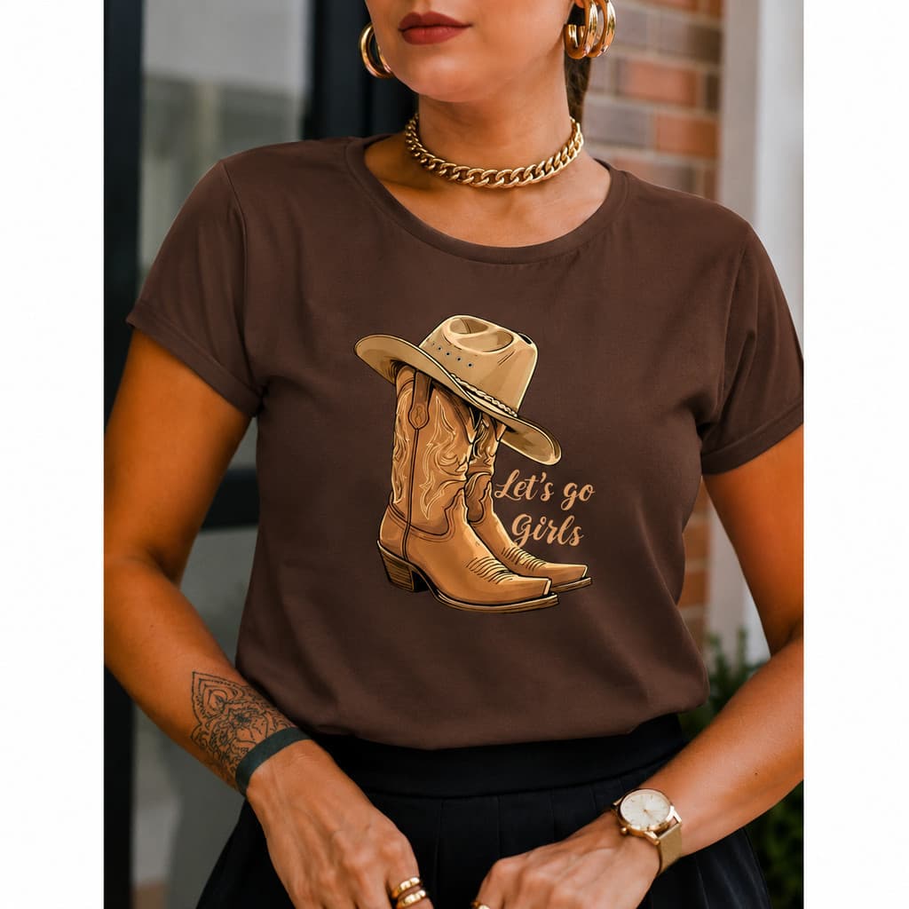 Camisa Feminina de Manga Curta Com Estampa de Botas de Cowboy e Chapéu 100% Algodão Casual