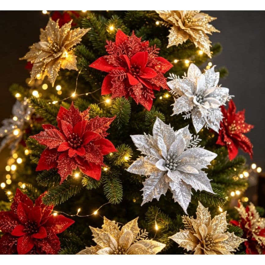 20/10Pcs Enfeite Flor de Natal Artificial Vermelha Poinsettia para Arvore, Coroa, Guirlanda e Decoracao de Festa