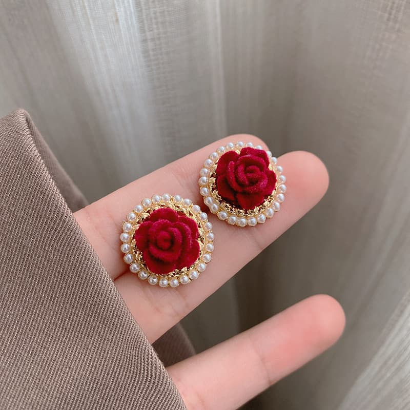 Encore flor vermelha pérola brincos feminino luz luxo High-End temperamento brincos exclusivos novo estilo 2024 brincos