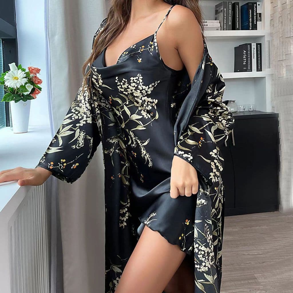 Pijamas de seda gelo feminino Hotel banheiro rendas roupão respirável fino moda cereja impressão manga longa dormir