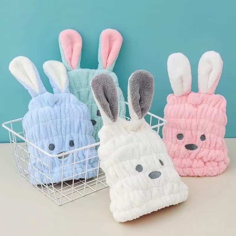 Touca de Cabelo Infantil de Coelho de Desenho Animado, Touca de Banho em Fleece Coral, Turbante Elástico