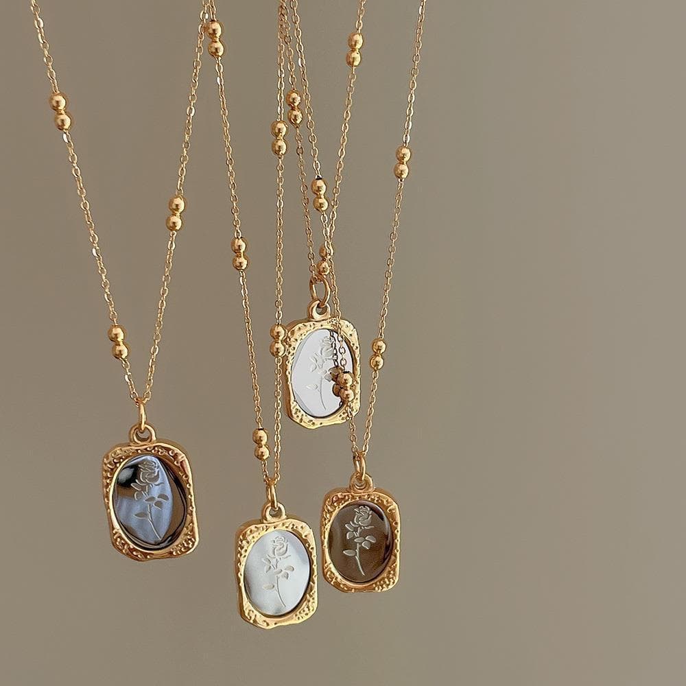 Colar de espelho pequeno com preservação de cor de aço de titânio feminino retrô francês em relevo espelho mágico rosa c