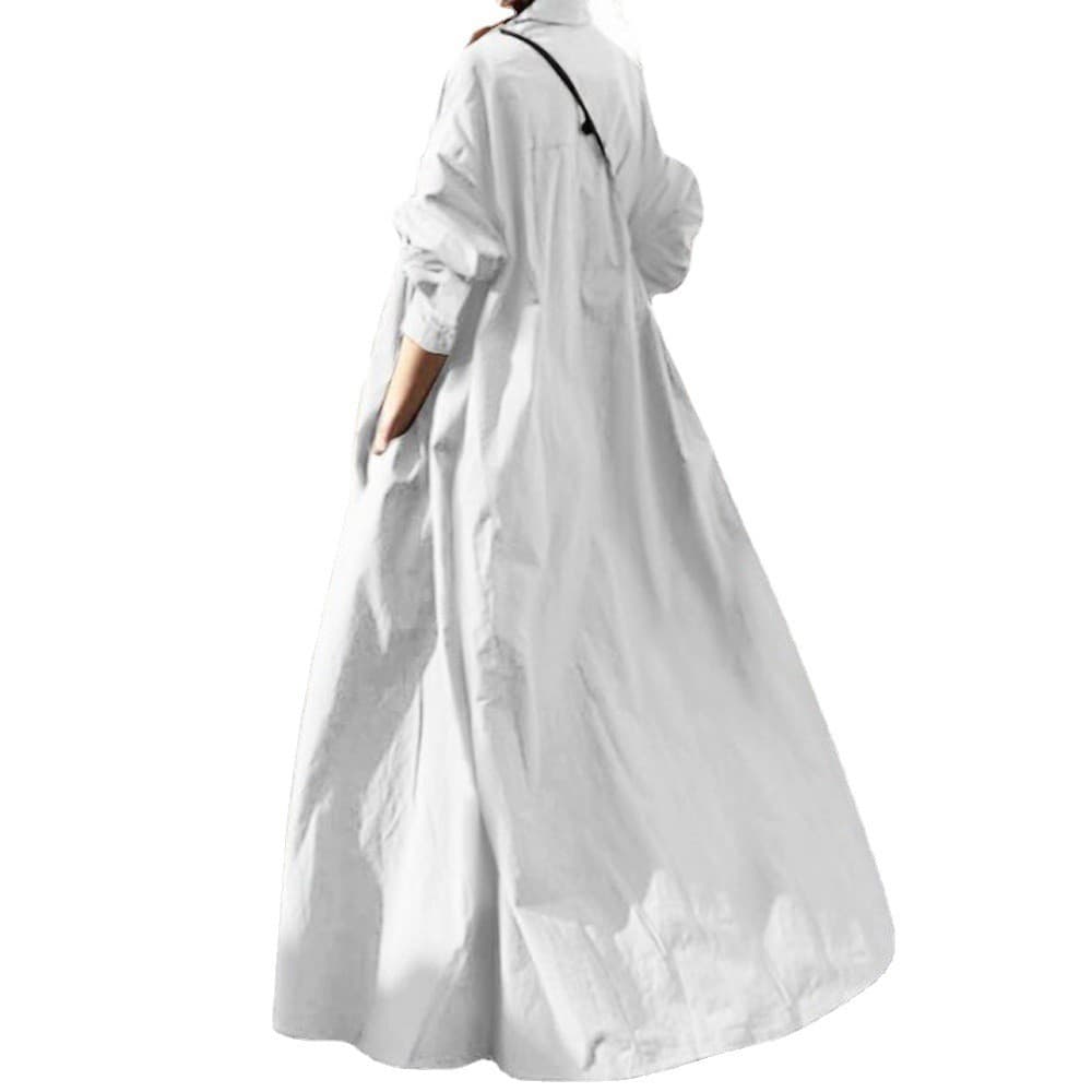 [Moda Outono] Loose-fitting long-sleeved cotton and linen solid color dress/Vestido Solto/Vestido de Manga Longa