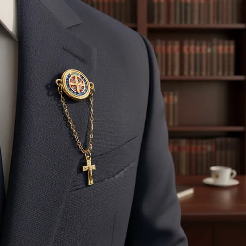 Broche Boton Medalha De São Bento Dourado Pin Catolico 5cm