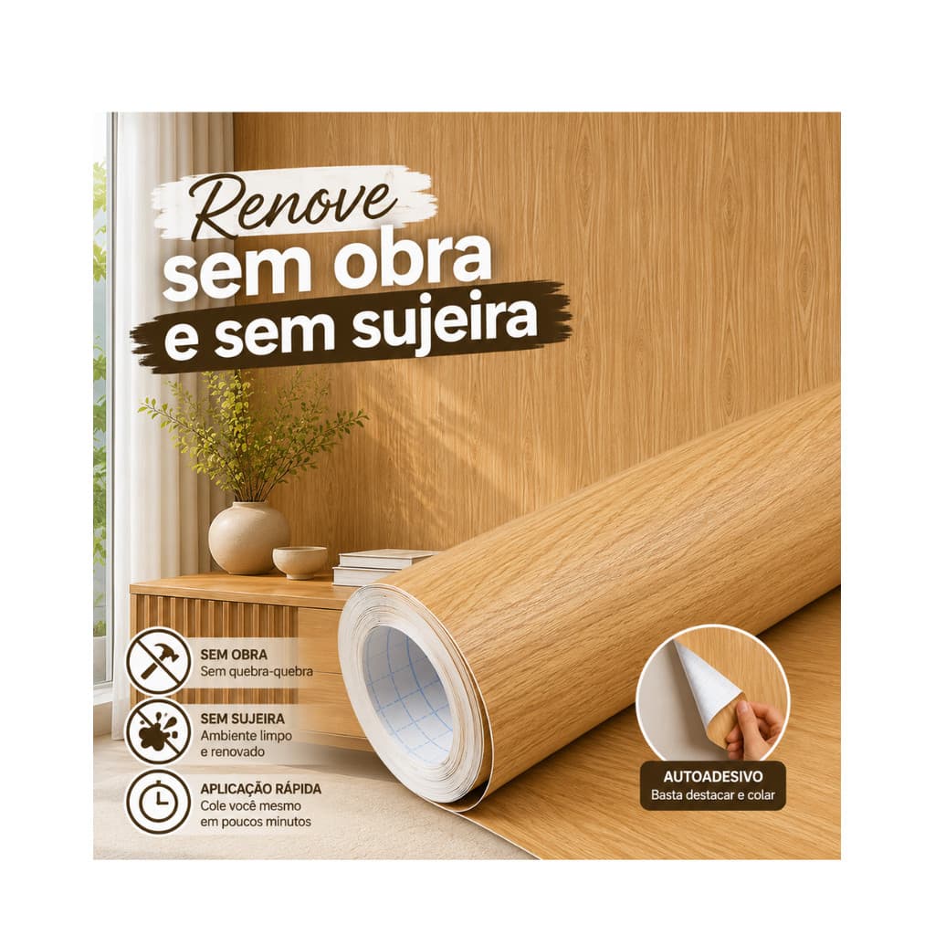 Papel de Parede Adesivo Madeira Claro 3D Lavável Autocolante para Sala Quarto Cozinha Móveis 5m