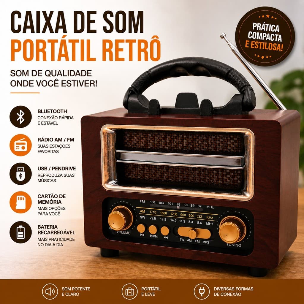 Caixa de Som Portátil Bluetooth Rádio AM FM USB Pendrive Cartão Memória Portátil