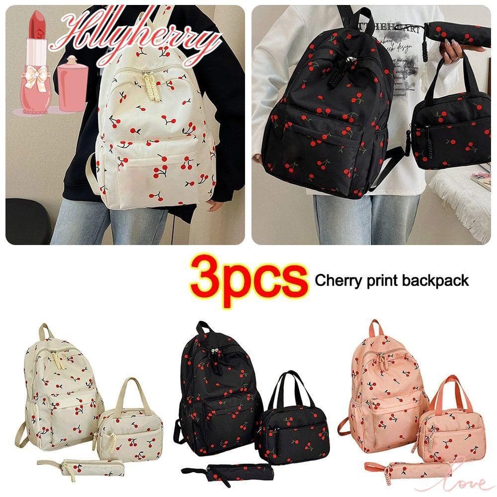 HLLYHERRY 3 Unidades/Conjunto Bolsa Escolar , Mochila Cereja De Tecido De Grande Capacidade , Com Lancheira E Lápis