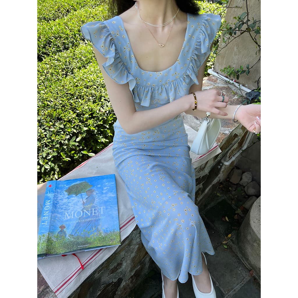 Menina francesa Floral de comprimento médio com babados saia feminina Slim fit verão férias vestido estilingue de renda