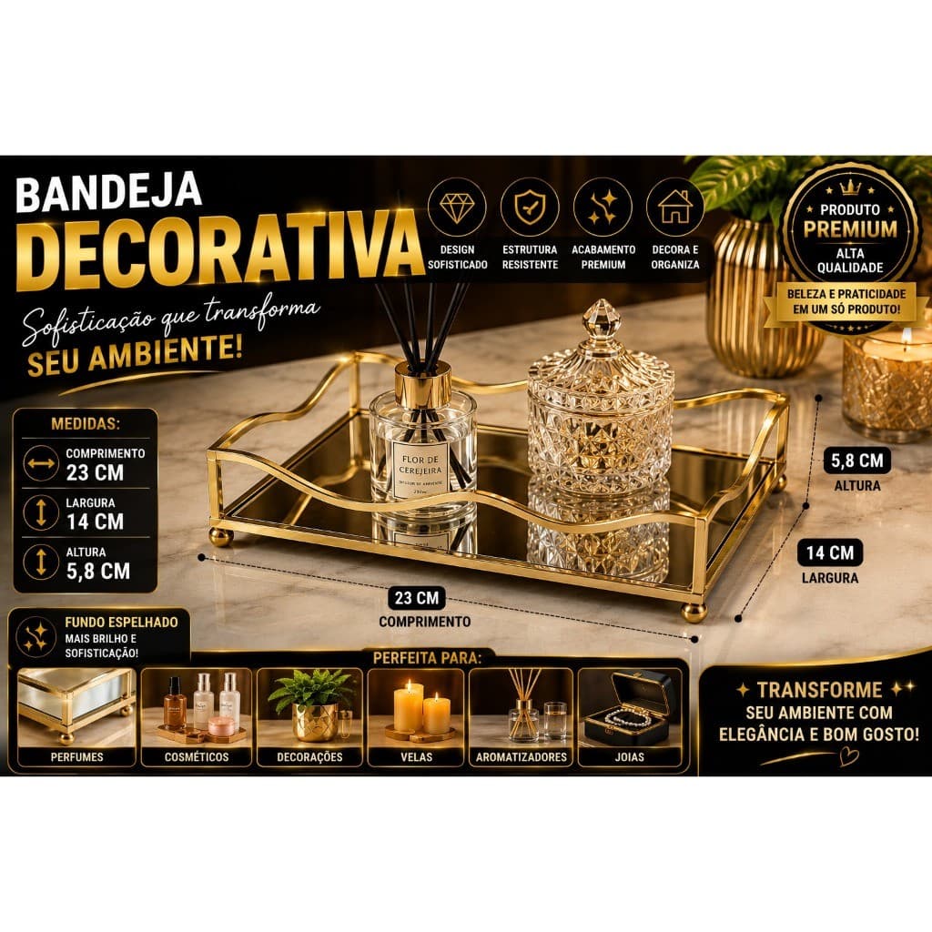 Bandeja Decorativa Espelhada Dourada Porta Perfumes Joias Cosméticos Luxo Premium