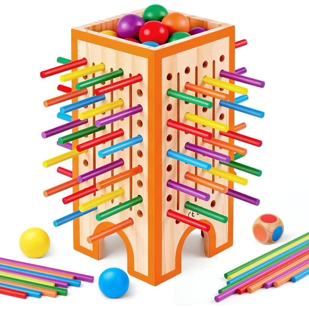 Jogo de Tabuleiro Montessori para Crianças de 4 a 6 Anos, Jogo de Dados com 42 Palitos de Madeira Coloridos e 12 Bolas,