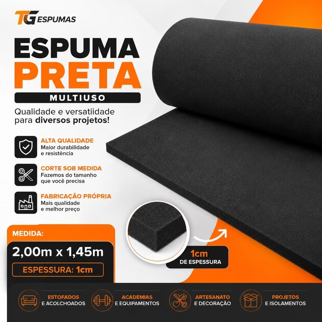 Espuma Em Metro Rolo D28 Preta 2,00 X 1,45 e 1cm Espessura
