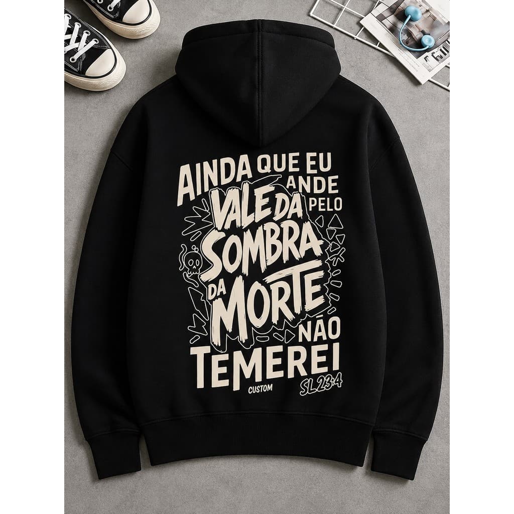 Blusa De Frio Moletom Canguru Salmos 23:4 Ainda Que Eu Ande Pelo Vale Cristão Gospel Unissex