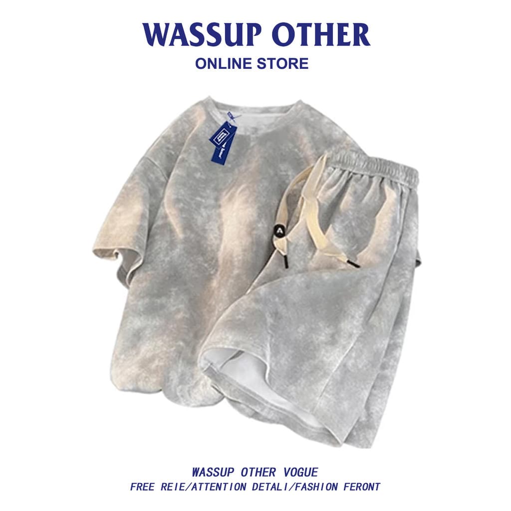 WASSUP OUTRO Paris Retro Tie-Dye Dirty Sports Shorts Camiseta Masculina Solta Casual Terno de Duas Peças