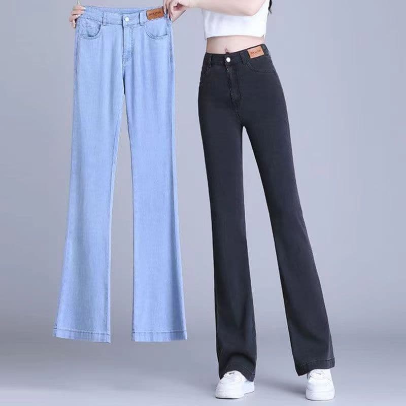 Preto Tencel queimado Jeans feminino verão calças finas 2026 novo estilo fino-ajuste cintura alta seda gelo queimado cal