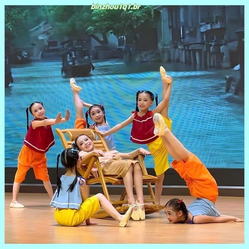 Fantasia infantil estilo Xiaohe, fantasia de dia de verão, um balançando a ponte da vovó, fantasia de dança