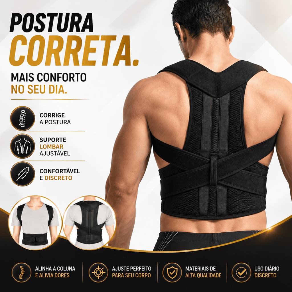 Corretor Postural com Suporte Lombar Ajustável | Cinta Ortopédica para Costas e Ombros | Conforto e Alívio Diário