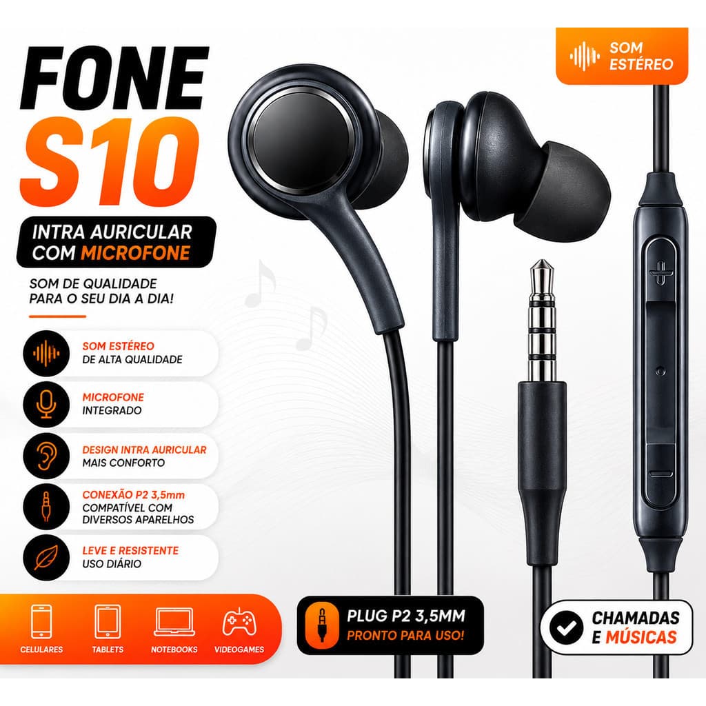 kit 10 Fone de Ouvido S10 com Microfone Intra Auricular P2 Som Estéreo Android Samsung